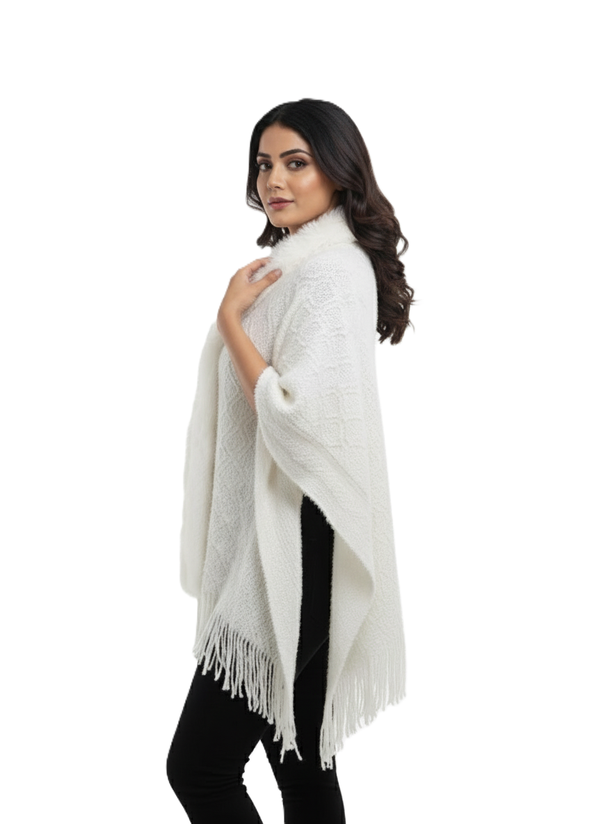 महिलाओं के लिए प्रीमियम फॉक्स फर ट्रिम ऊन रैप | सुरुचिपूर्ण ओवरसाइज़्ड विंटर पोंचो | आदर्श उपहार