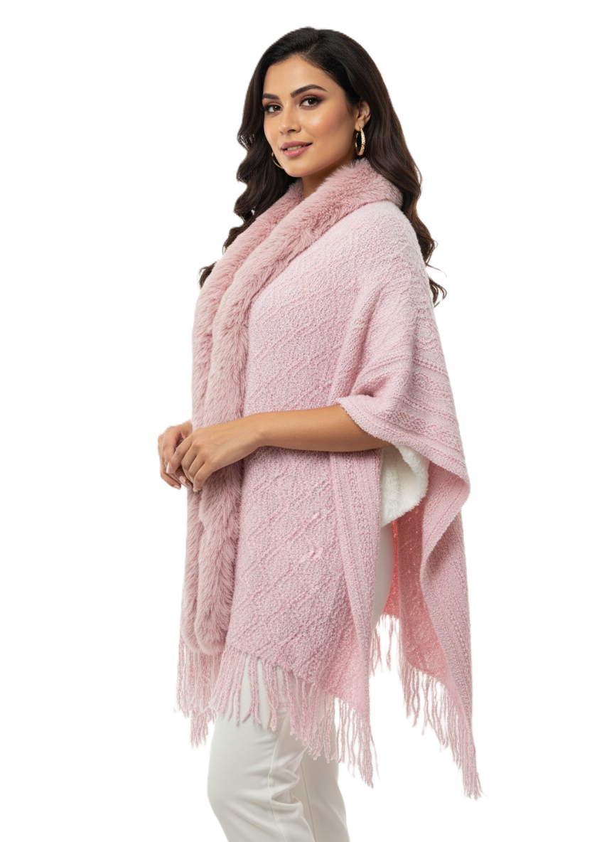 महिलाओं के लिए प्रीमियम फॉक्स फर ट्रिम ऊन रैप | सुरुचिपूर्ण ओवरसाइज़्ड विंटर पोंचो | आदर्श उपहार