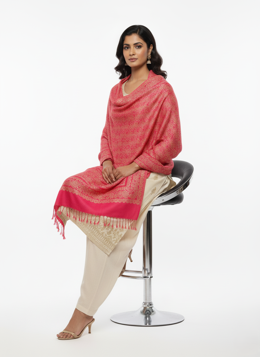 KRITI Floral Design Warm Woolen Pink Color Shawl for Women