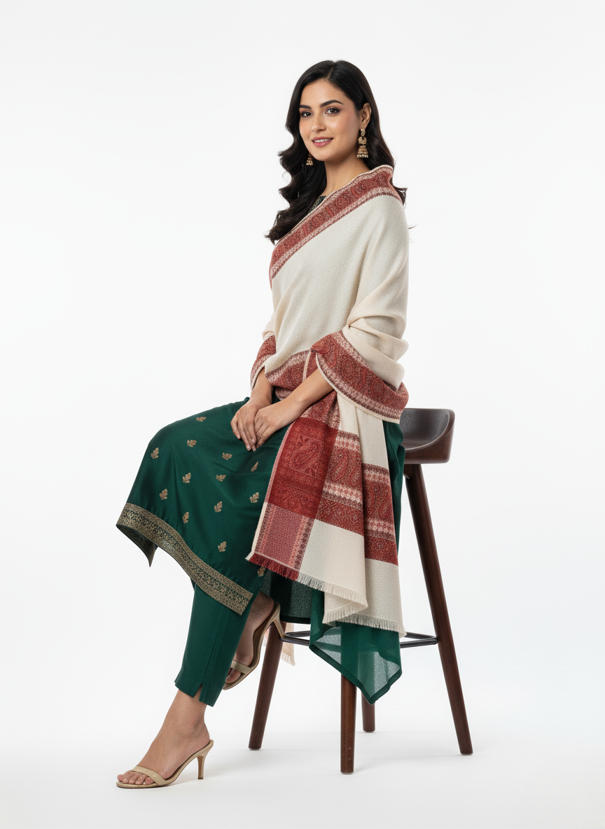 KRITI Border Design Woolen Beige Color Shawl for Women