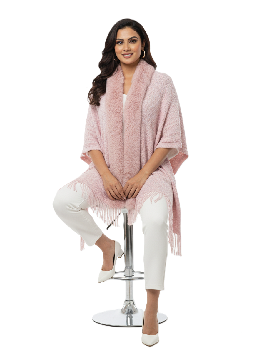 महिलाओं के लिए प्रीमियम फॉक्स फर ट्रिम ऊन रैप | सुरुचिपूर्ण ओवरसाइज़्ड विंटर पोंचो | आदर्श उपहार