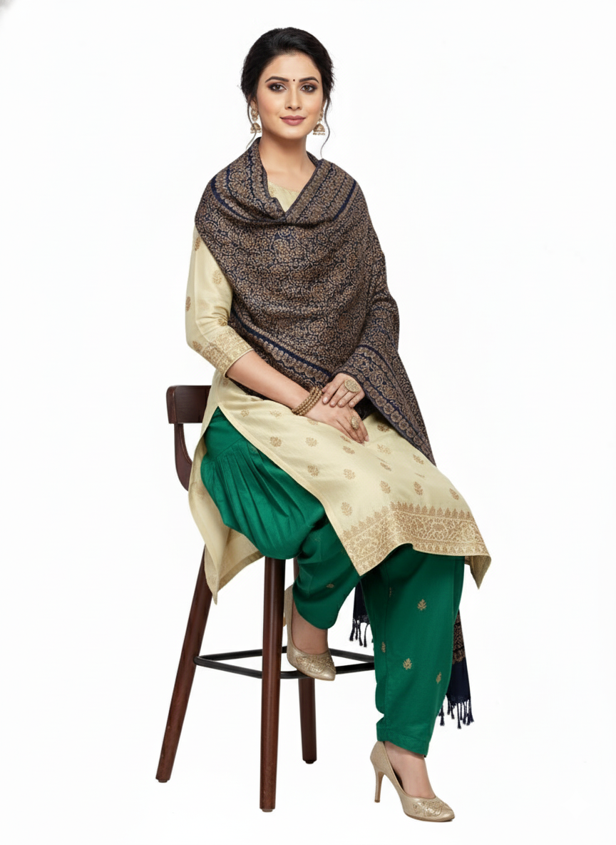 KRITI Floral Design Warm Woolen Navy Color Shawl for Women