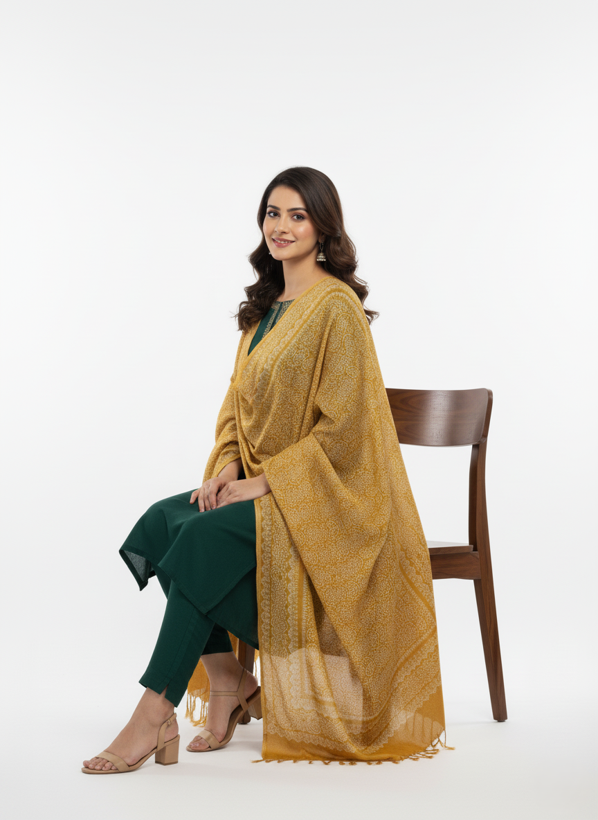 KRITI Floral Design Warm Woolen Yellow Color Shawl for Women