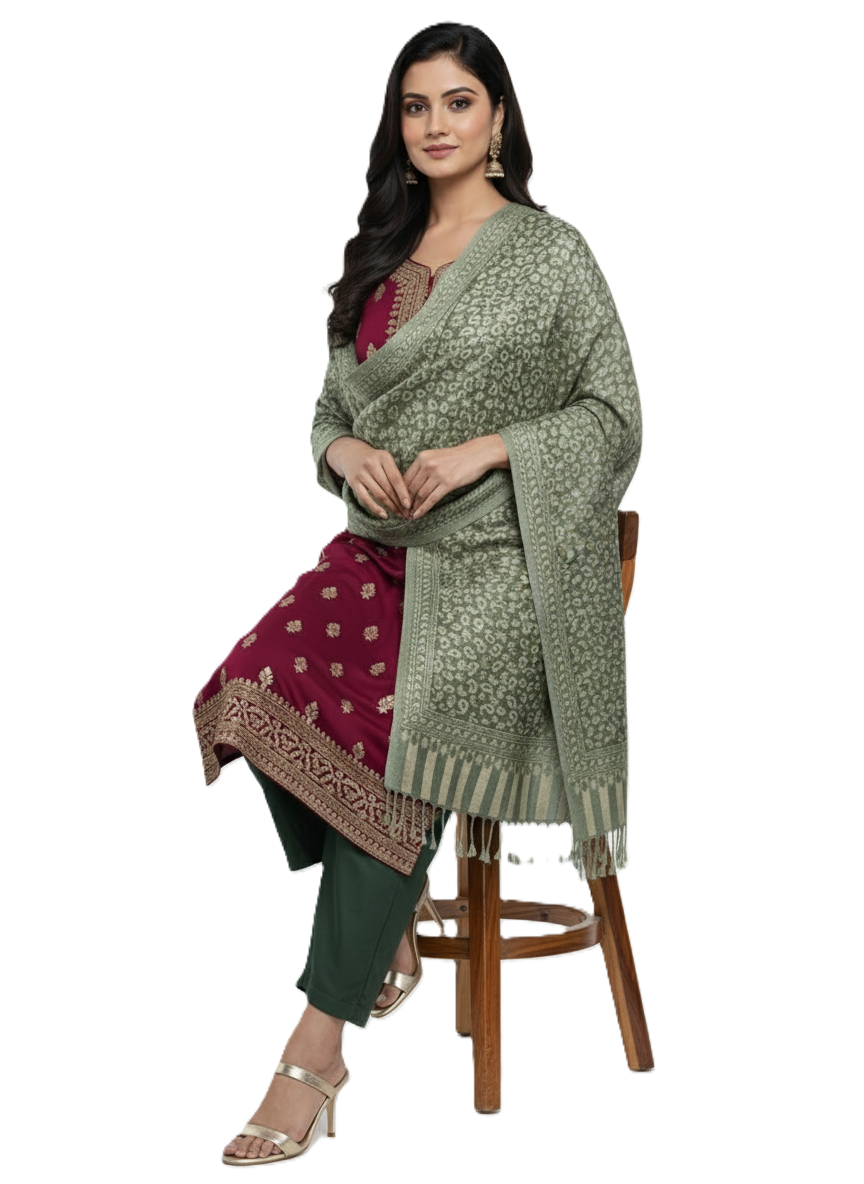 KRITI Paisley Design Warm Woolen Green Color Shawl for Women