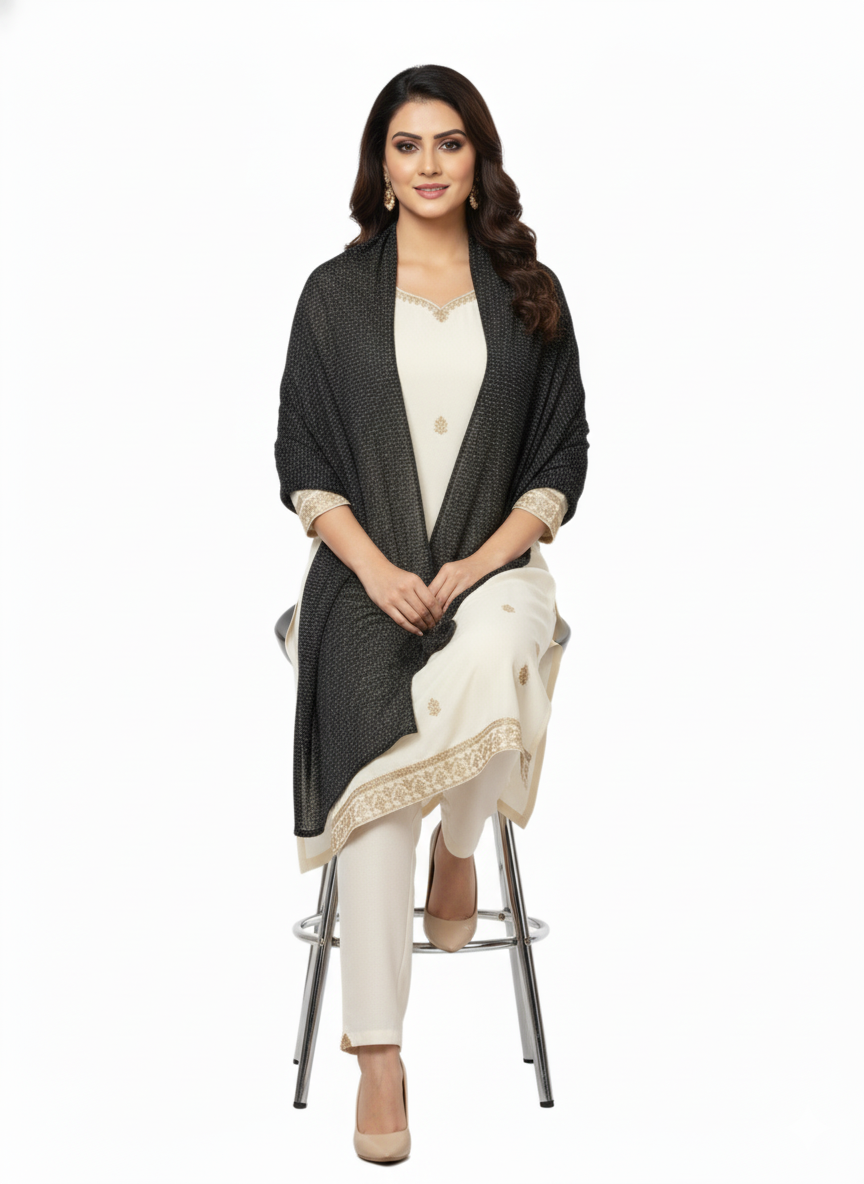 महिलाओं के लिए कृति ऊनी काले रंग का ज़री स्टोल विंटरवियर 