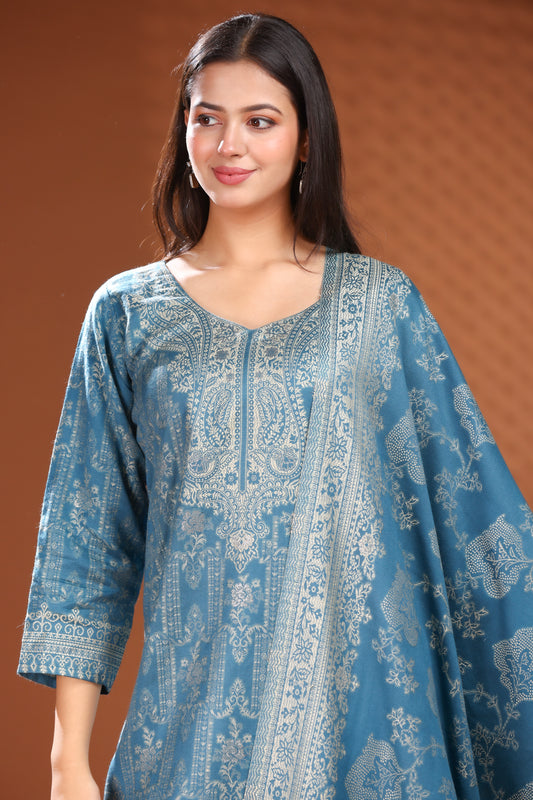 KRITI Woolen Unstitched Suit Set Weaving Design Air force Color For Women