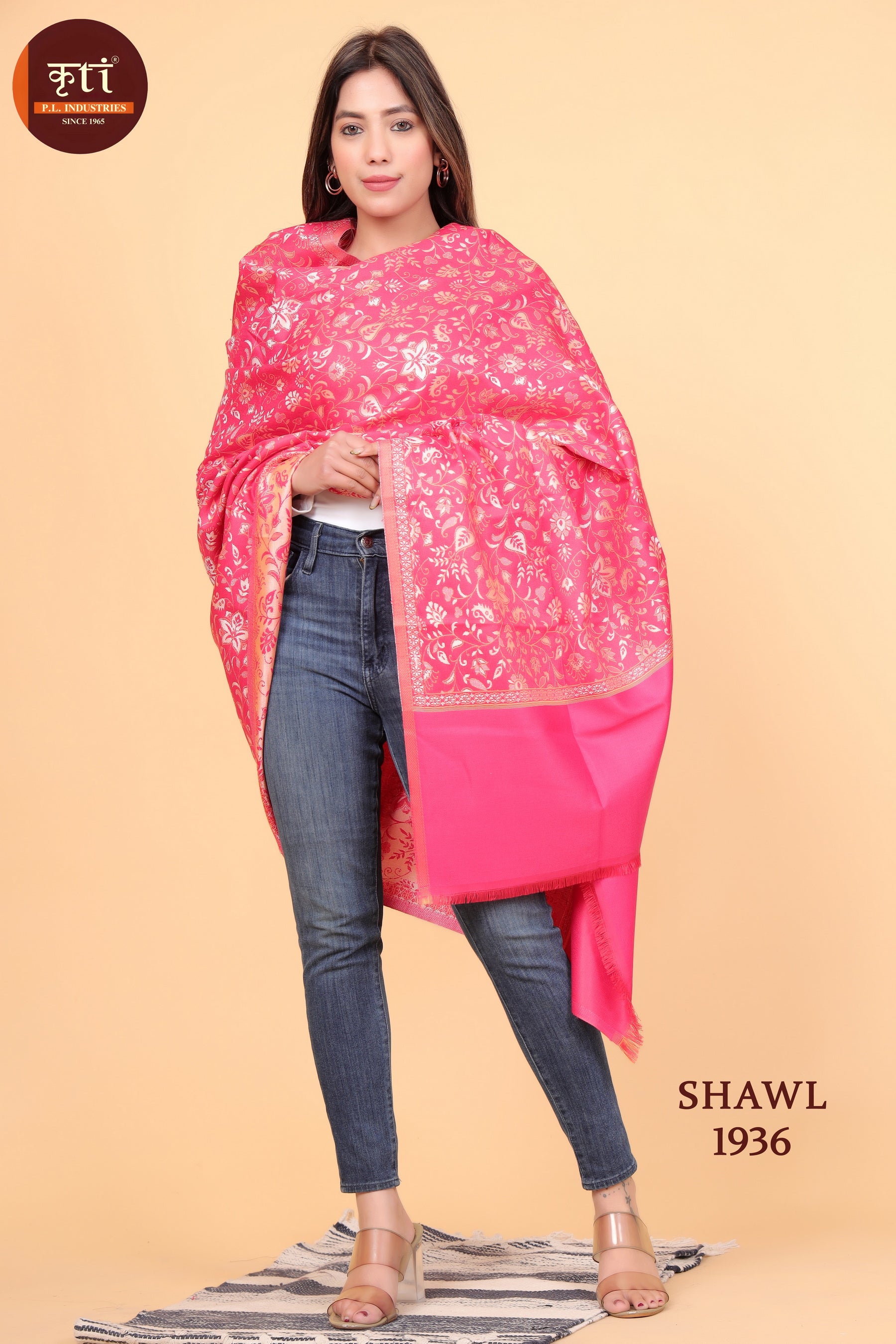 KRITI Floral Design Woollen Pink Color Shawl For Women