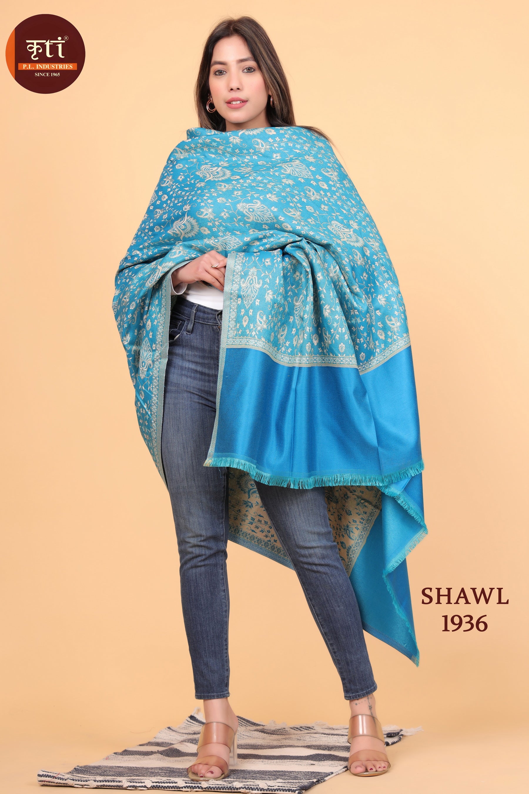 KRITI Floral Pattern Woollen Sky Blue Color Shawl For Women