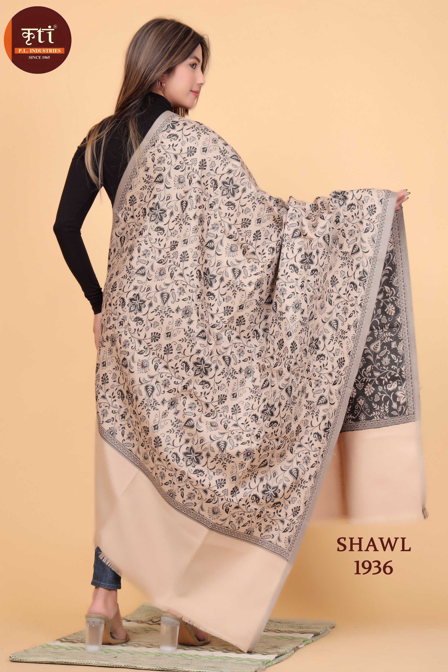 Kriti Floral Pattern Woven Woollen Beige Color Shawl For Women