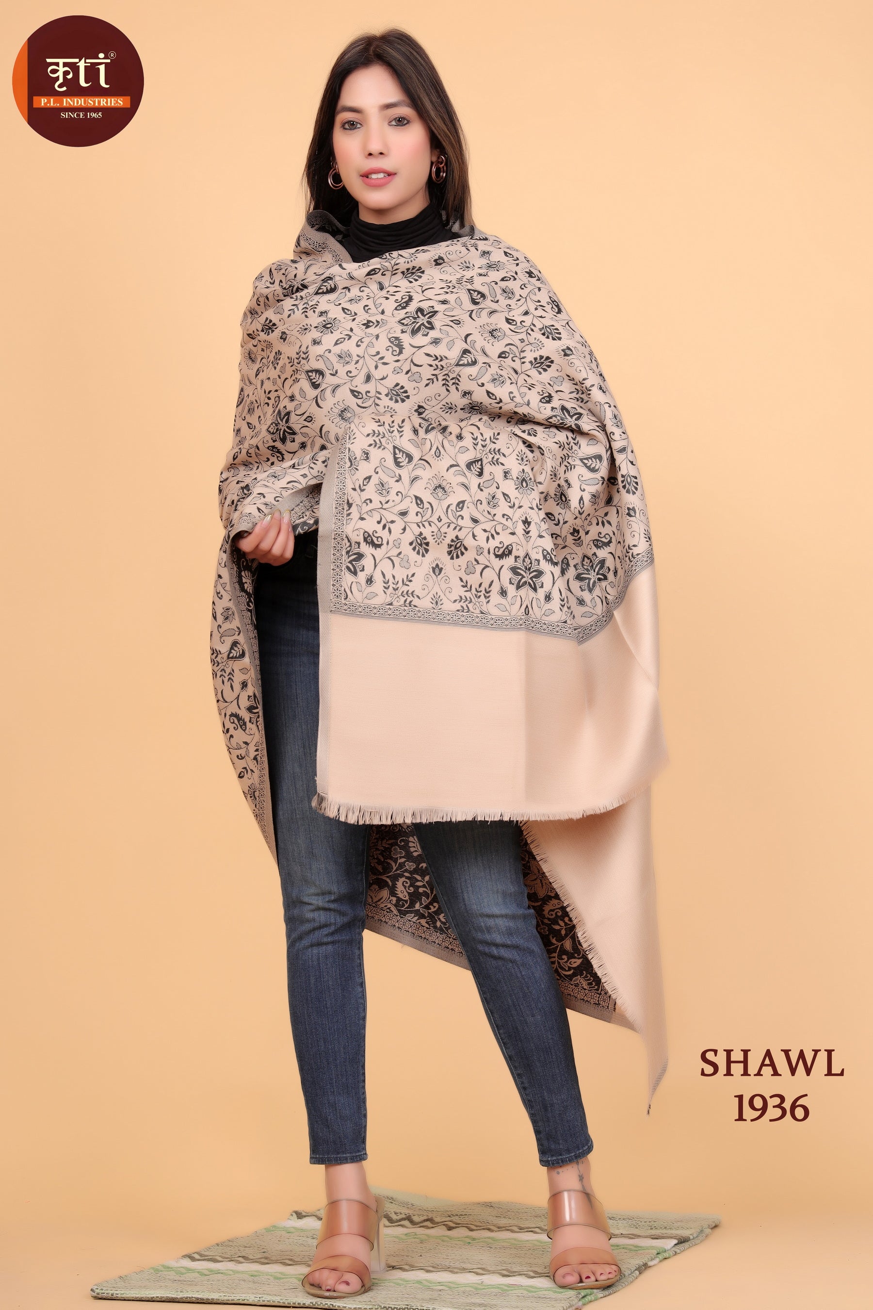 Kriti Floral Pattern Woven Woollen Beige Color Shawl For Women