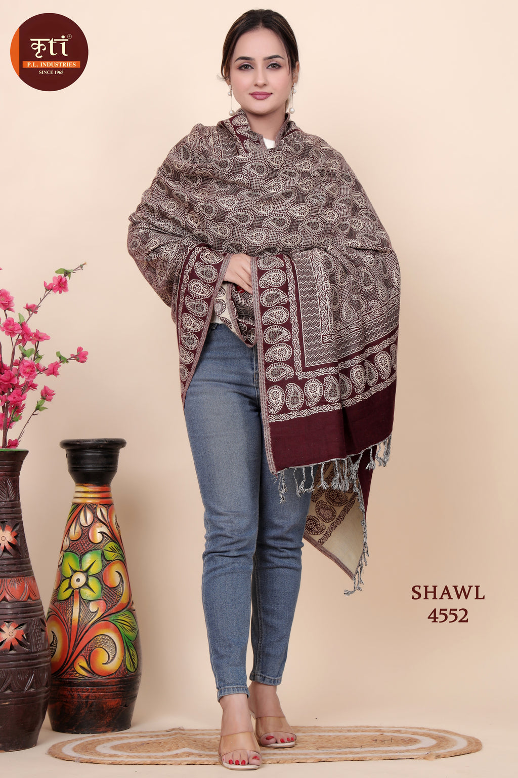 Designer Woolen Shawl for Women- Wine