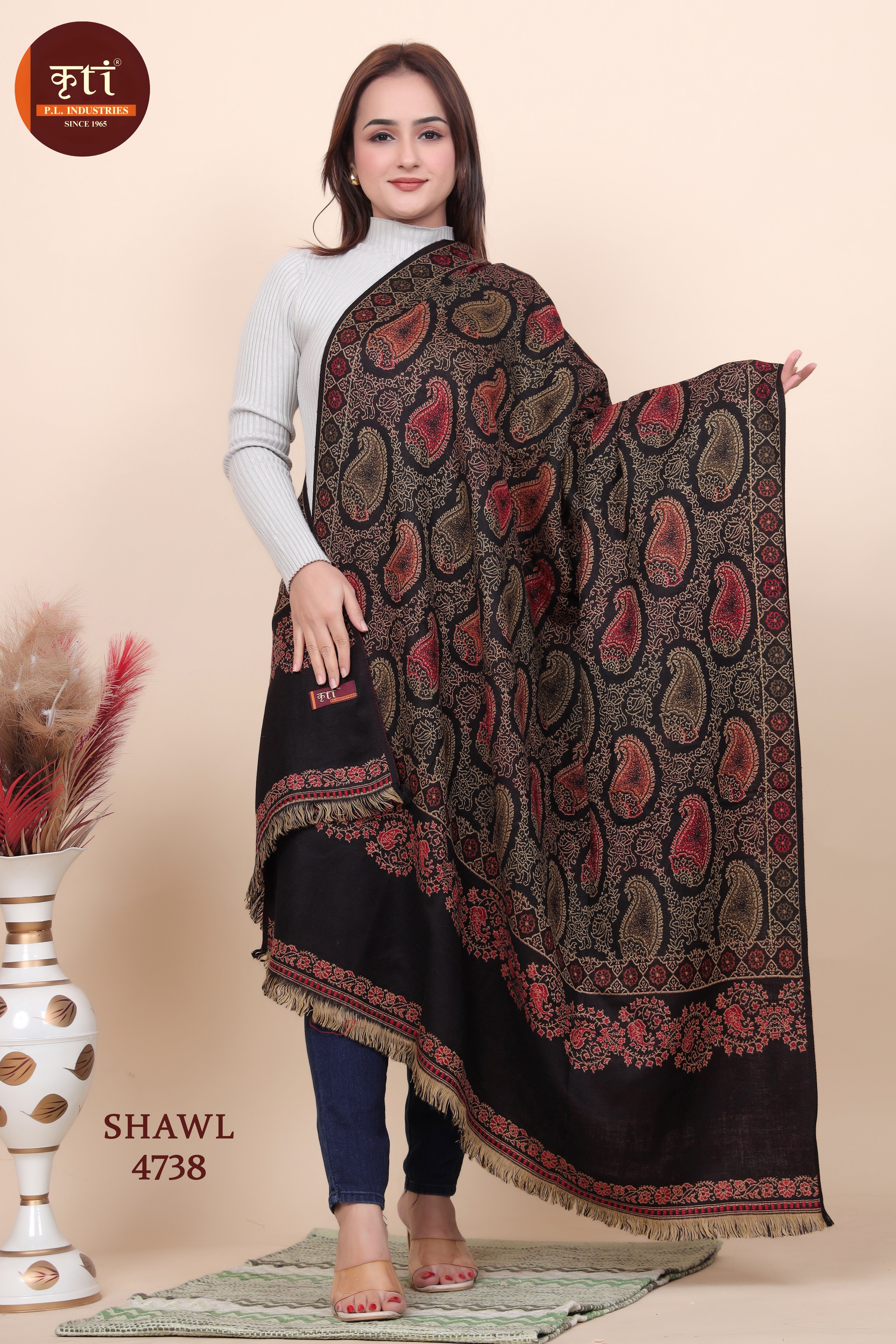 KRITI  Paisley Border Design Woollen Black Color Shawl For Women