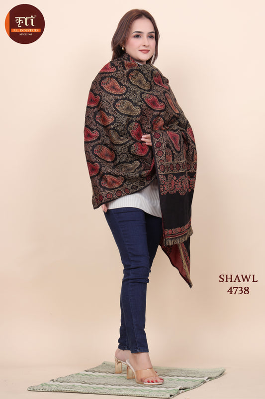 KRITI  Paisley Border Design Woollen Black Color Shawl For Women
