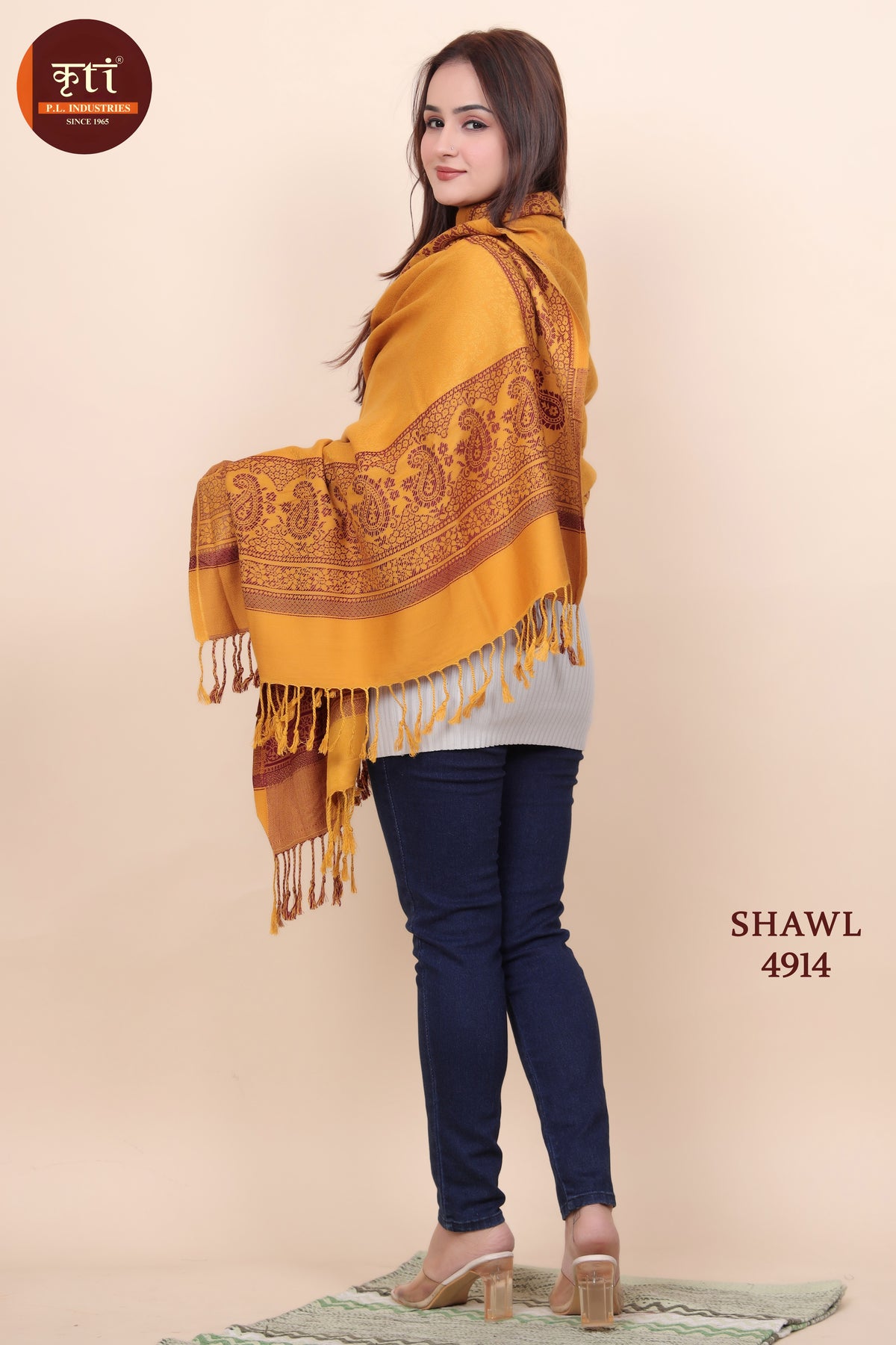 Paisley Border Design Woolen Mustard Color Shawl