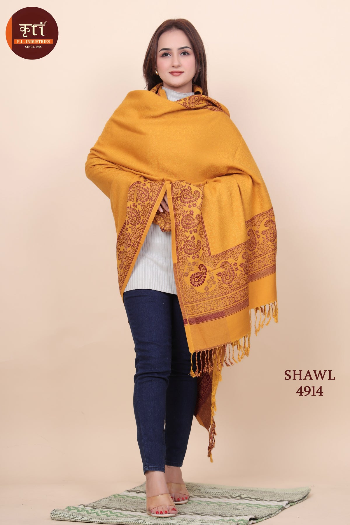 Paisley Border Design Woolen Mustard Color Shawl