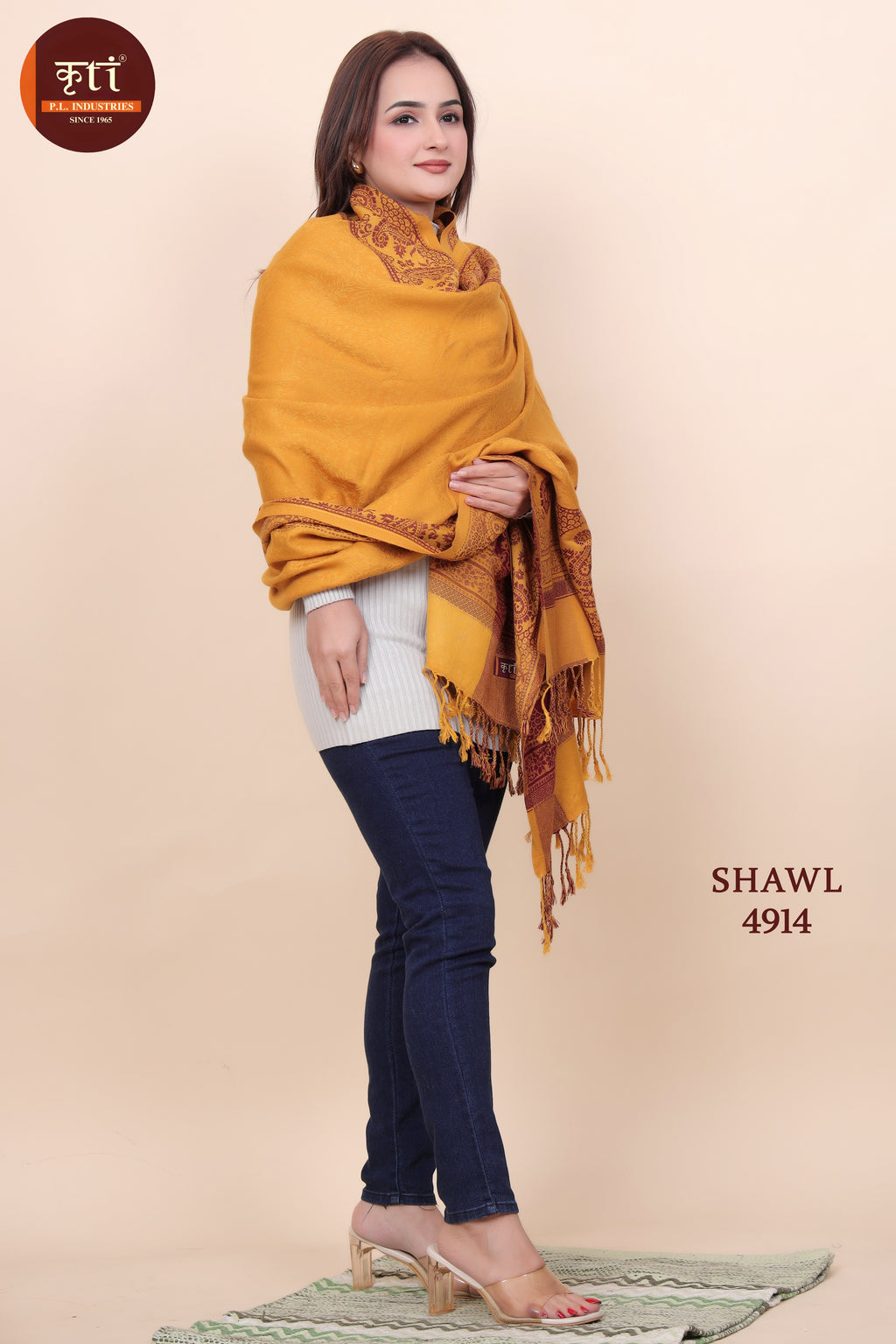 Paisley Border Design Woolen Mustard Color Shawl
