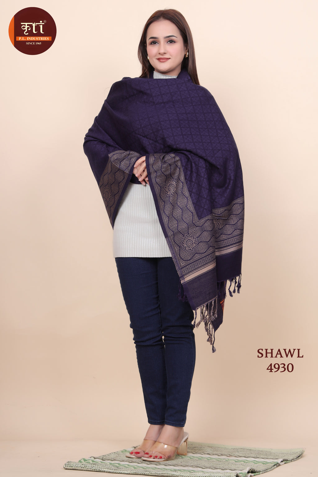 KRITI Floral Border Woollen  Navy Color Shawl For Women