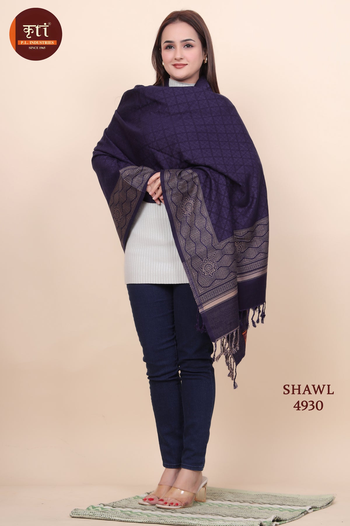 KRITI Floral Border Woollen  Navy Color Shawl For Women