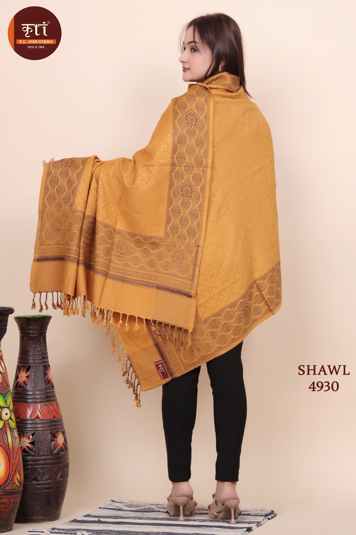 Floral Border Woollen Shawl - Mustard