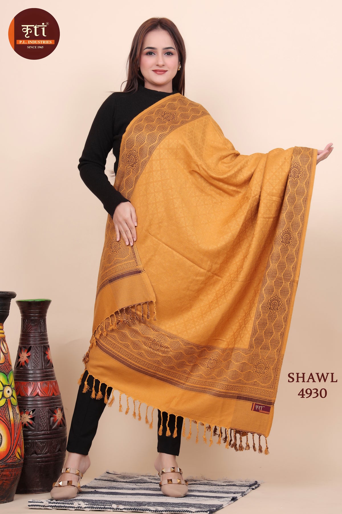 Floral Border Woollen Shawl - Mustard