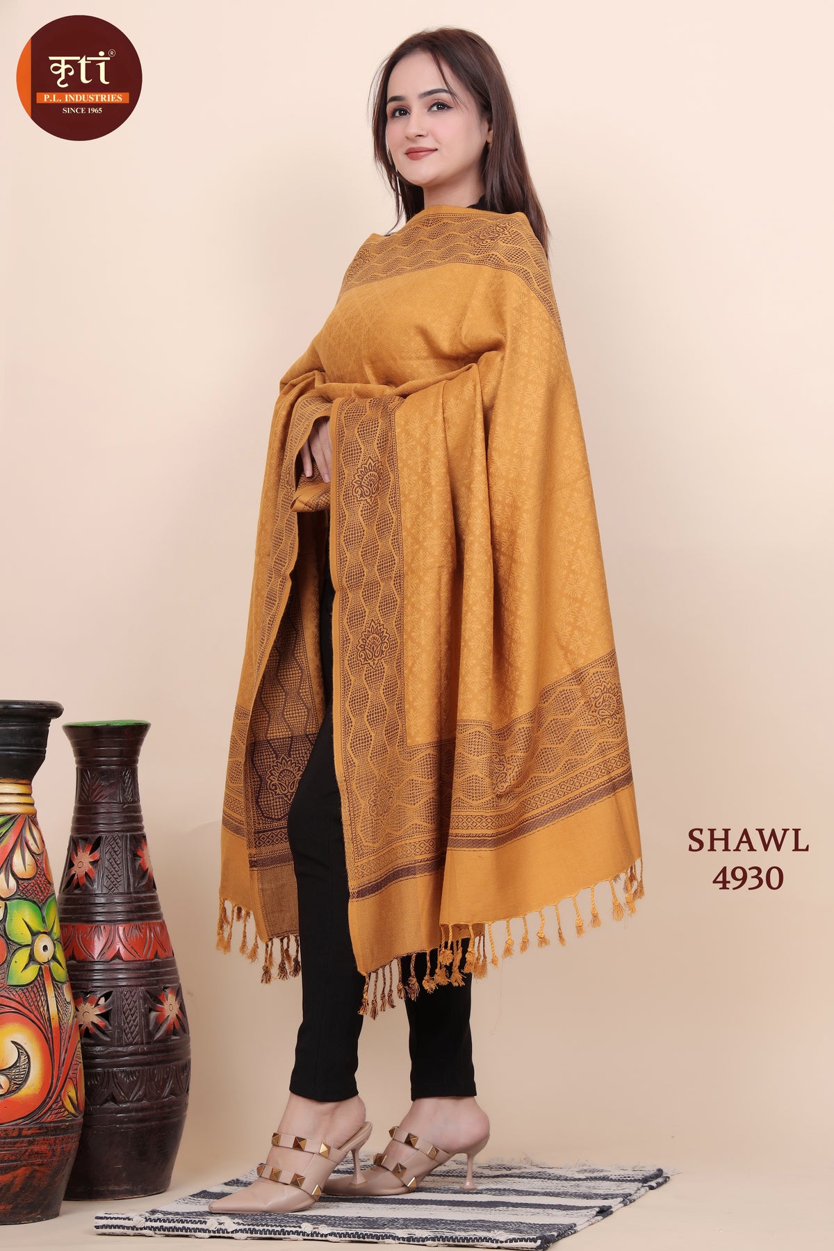 Floral Border Woollen Shawl - Mustard
