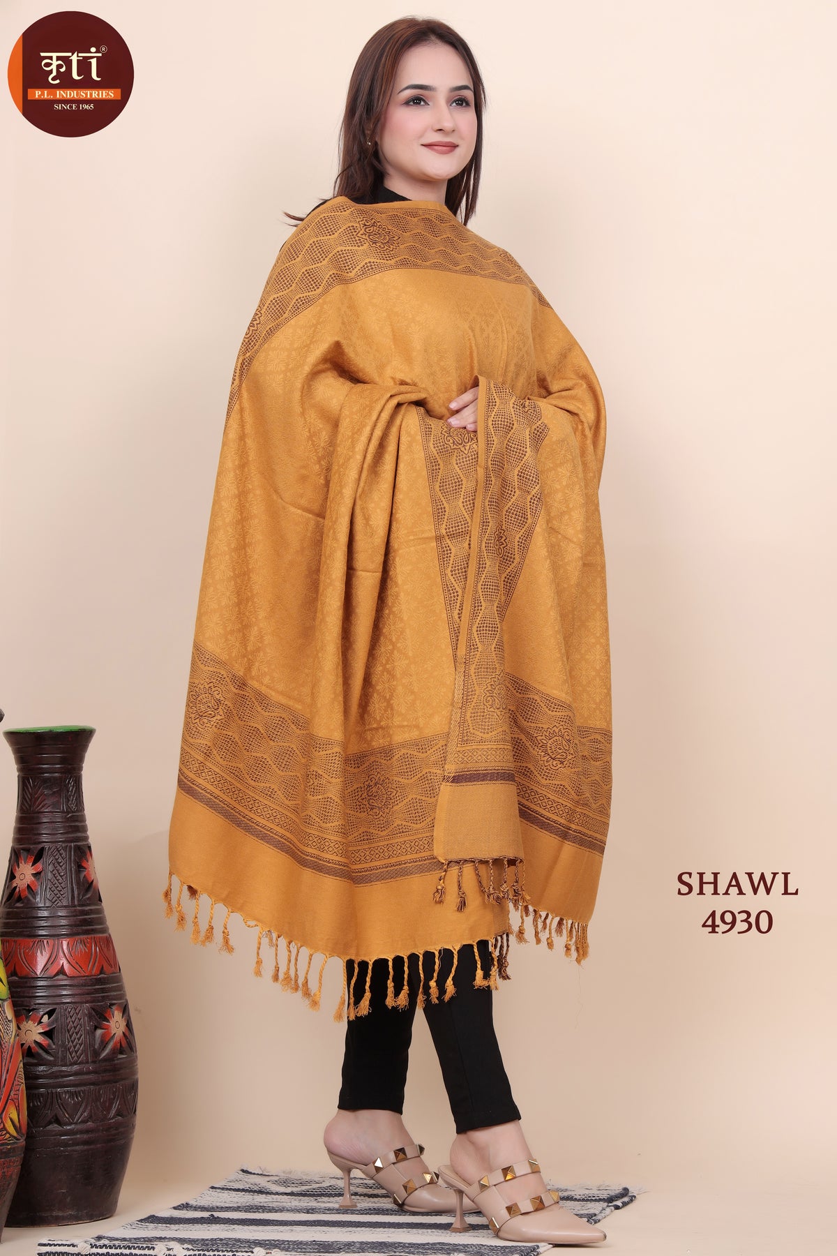 Floral Border Woollen Shawl - Mustard