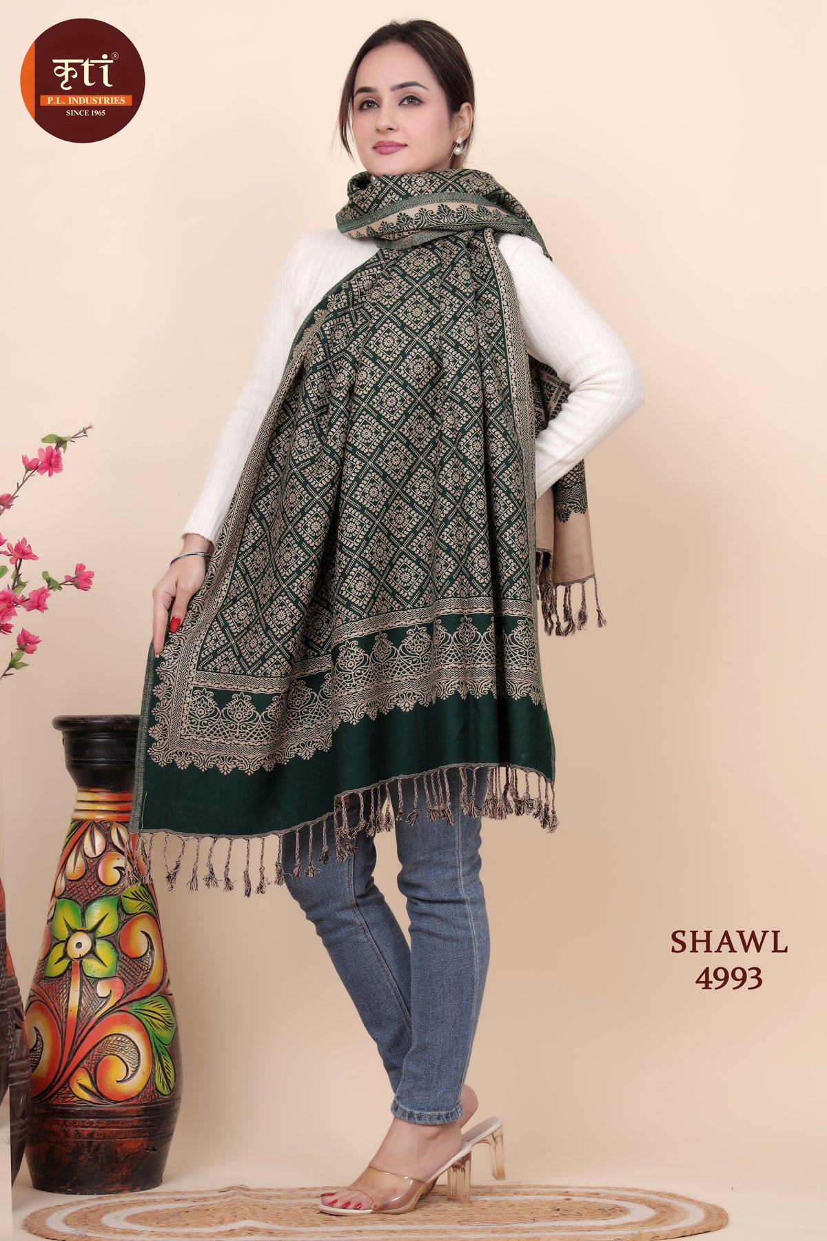 Designer Woolen Green Color Shawl