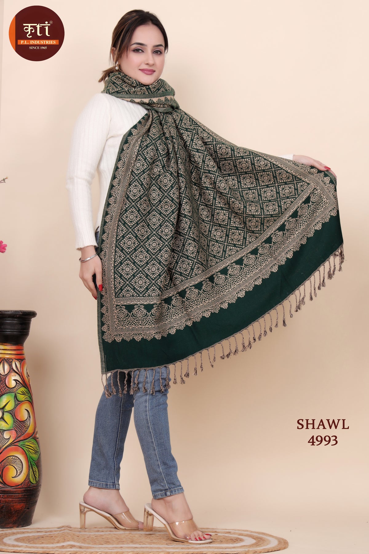 Designer Woolen Green Color Shawl