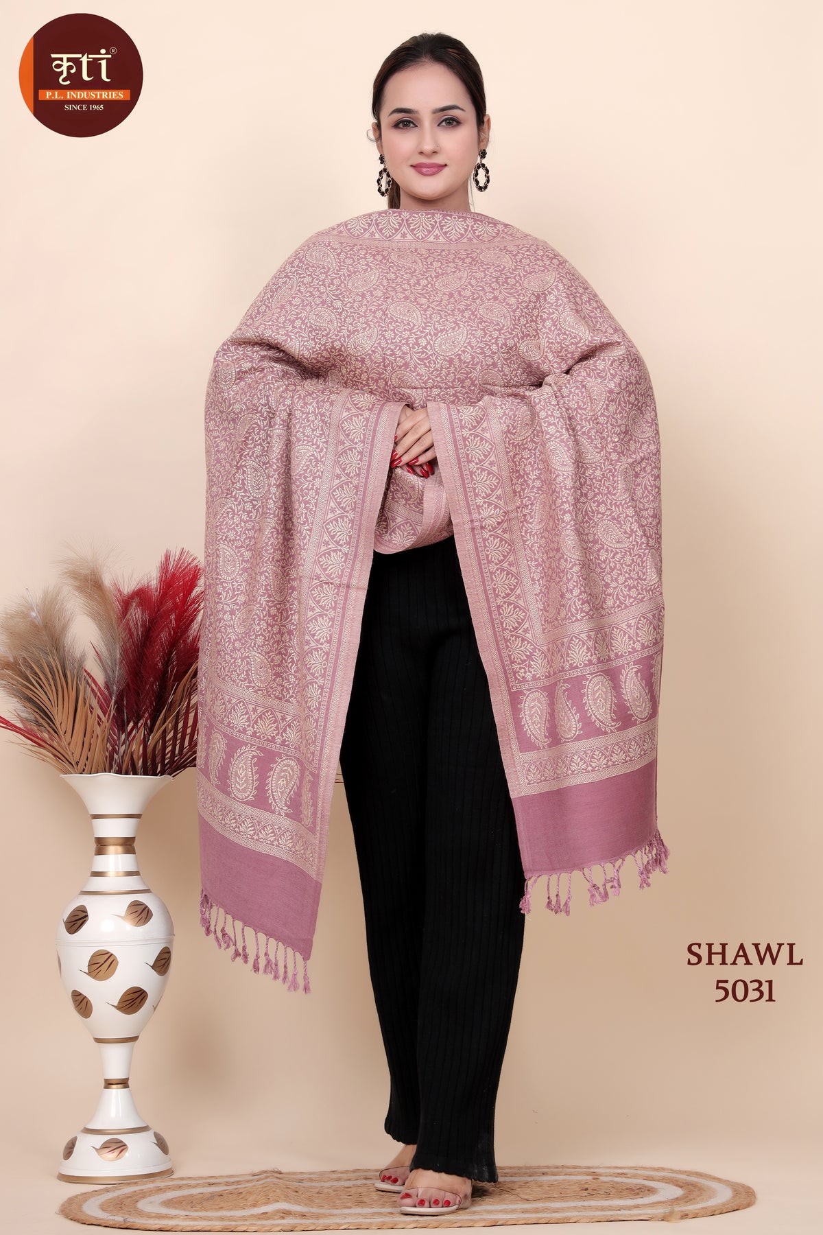 Floral Pattern Woolen Pink White Shawl