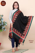 Paisley Border Woollen Stole For Girls - Black