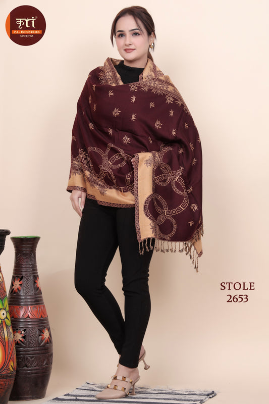 KRITI Designer Border Woollen Maroon Stole For Girls