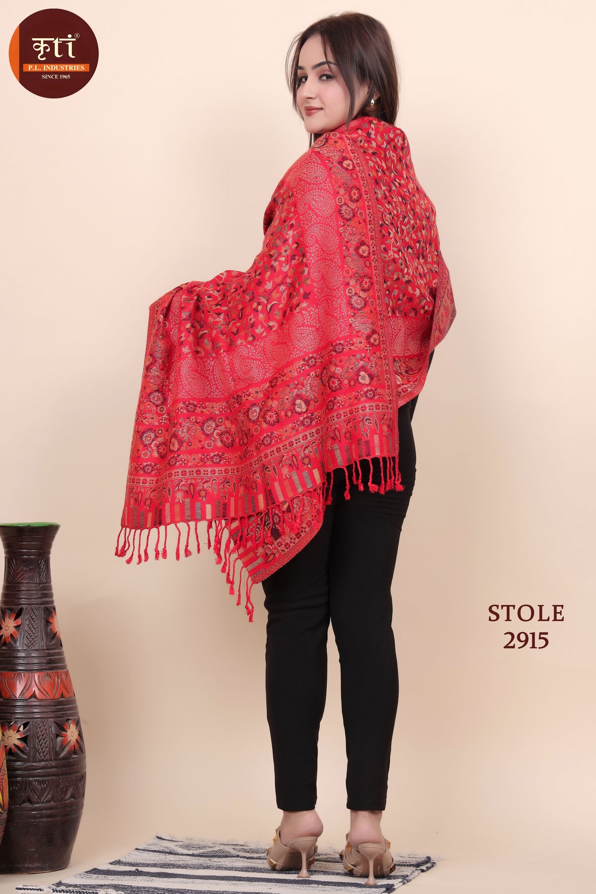 Floral Designer Woollen Stole - Red