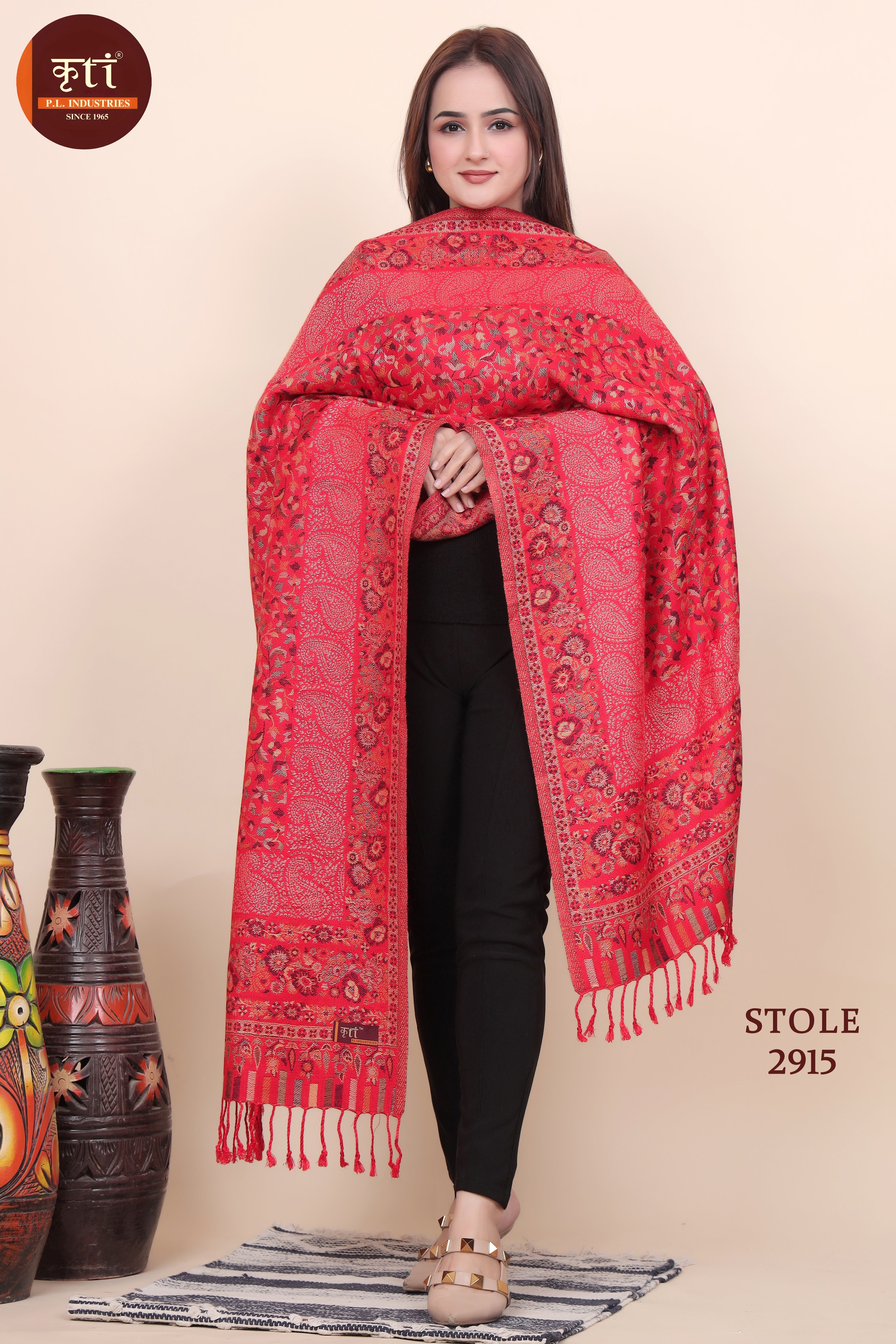 Floral Designer Woollen Stole - Red