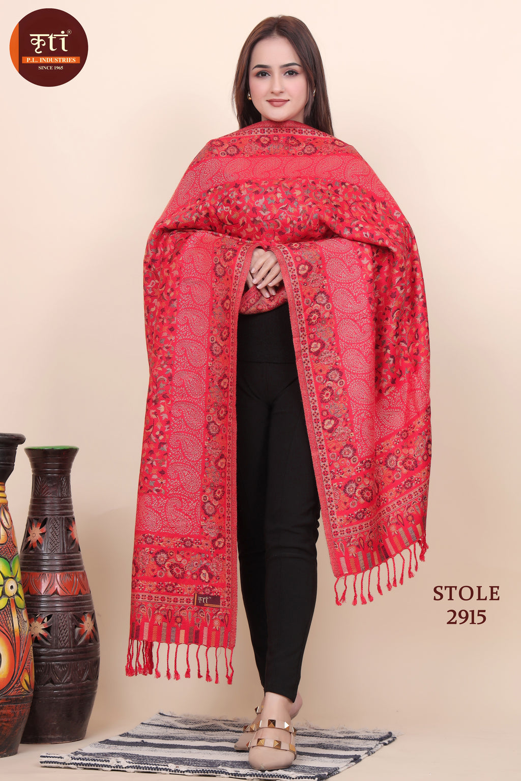 Floral Designer Woollen Stole - Red