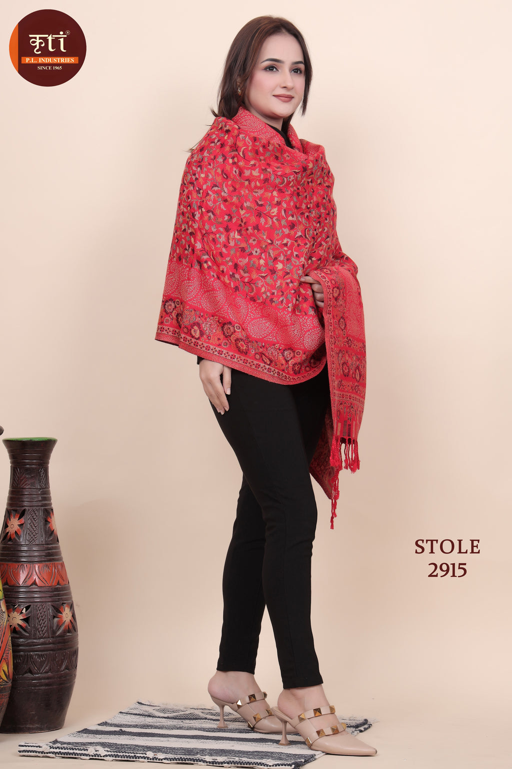 Floral Designer Woollen Stole - Red