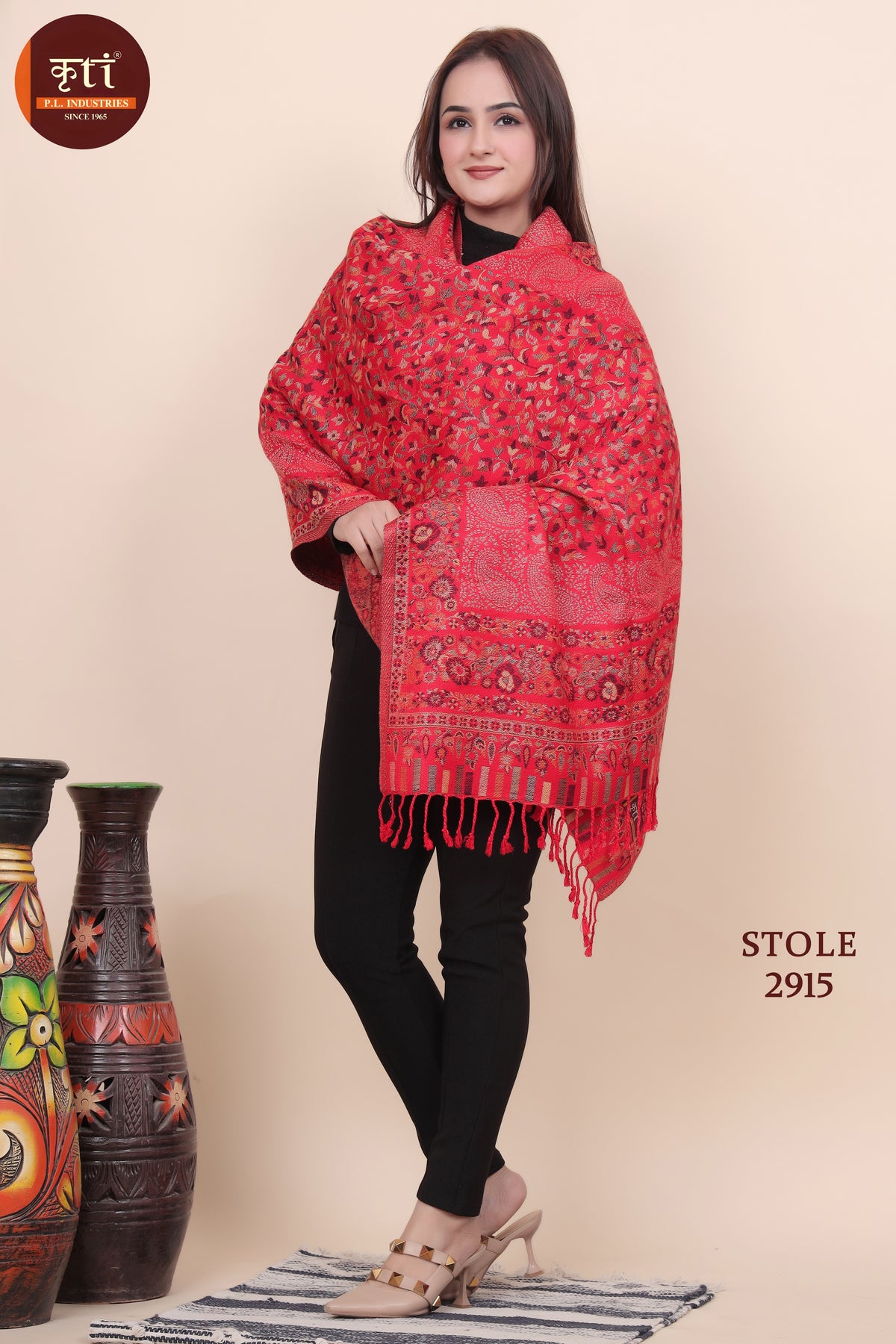 Floral Designer Woollen Stole - Red