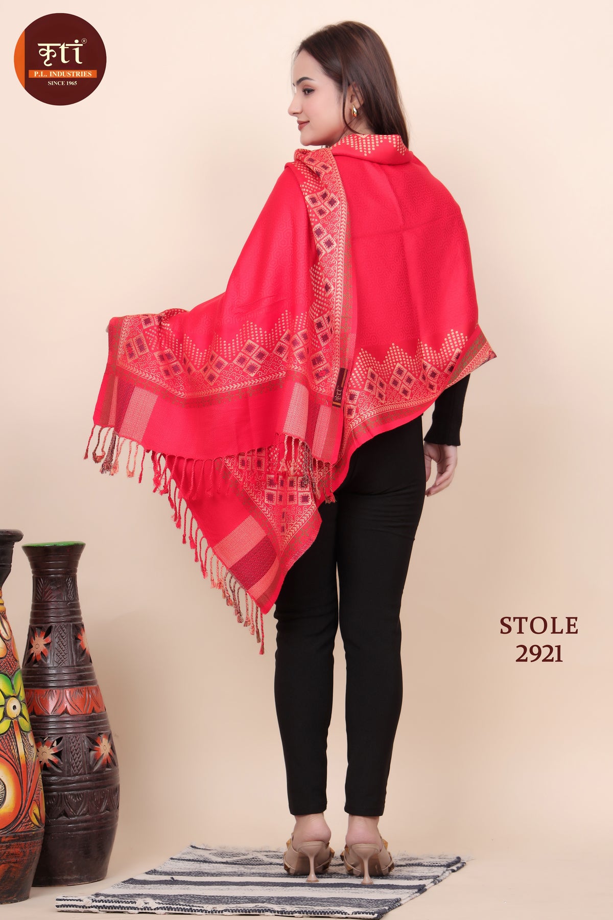 Traditional Border Pattern Woolen Red Color Stole