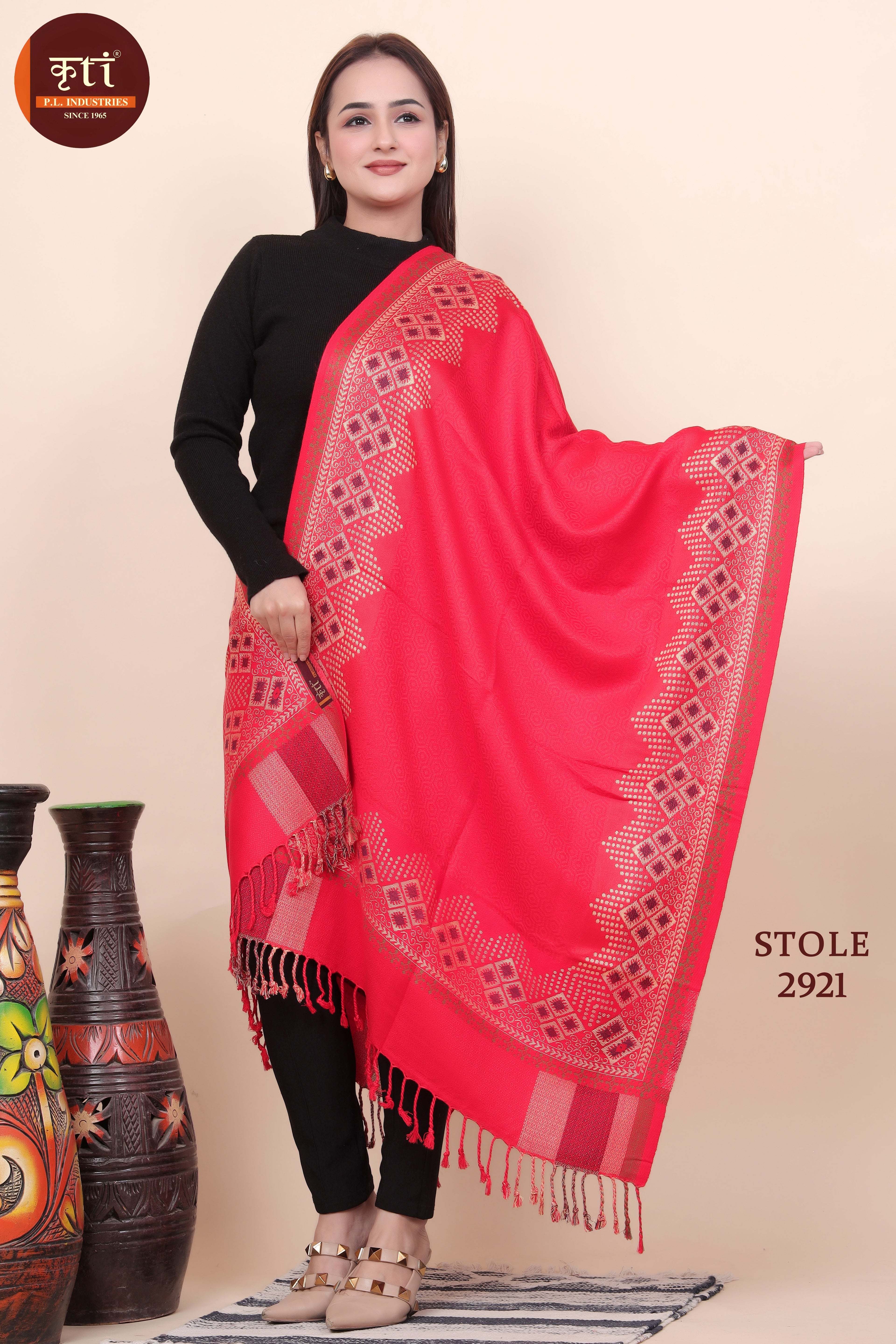 Traditional Border Pattern Woolen Red Color Stole
