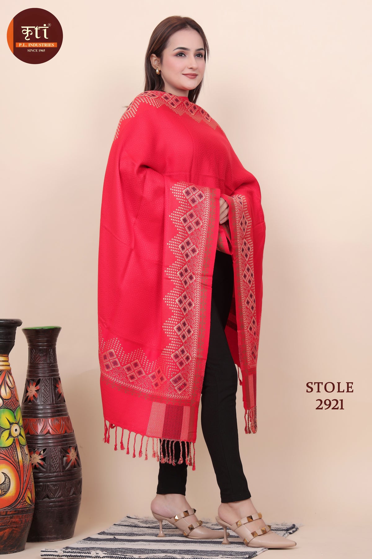 Traditional Border Pattern Woolen Red Color Stole