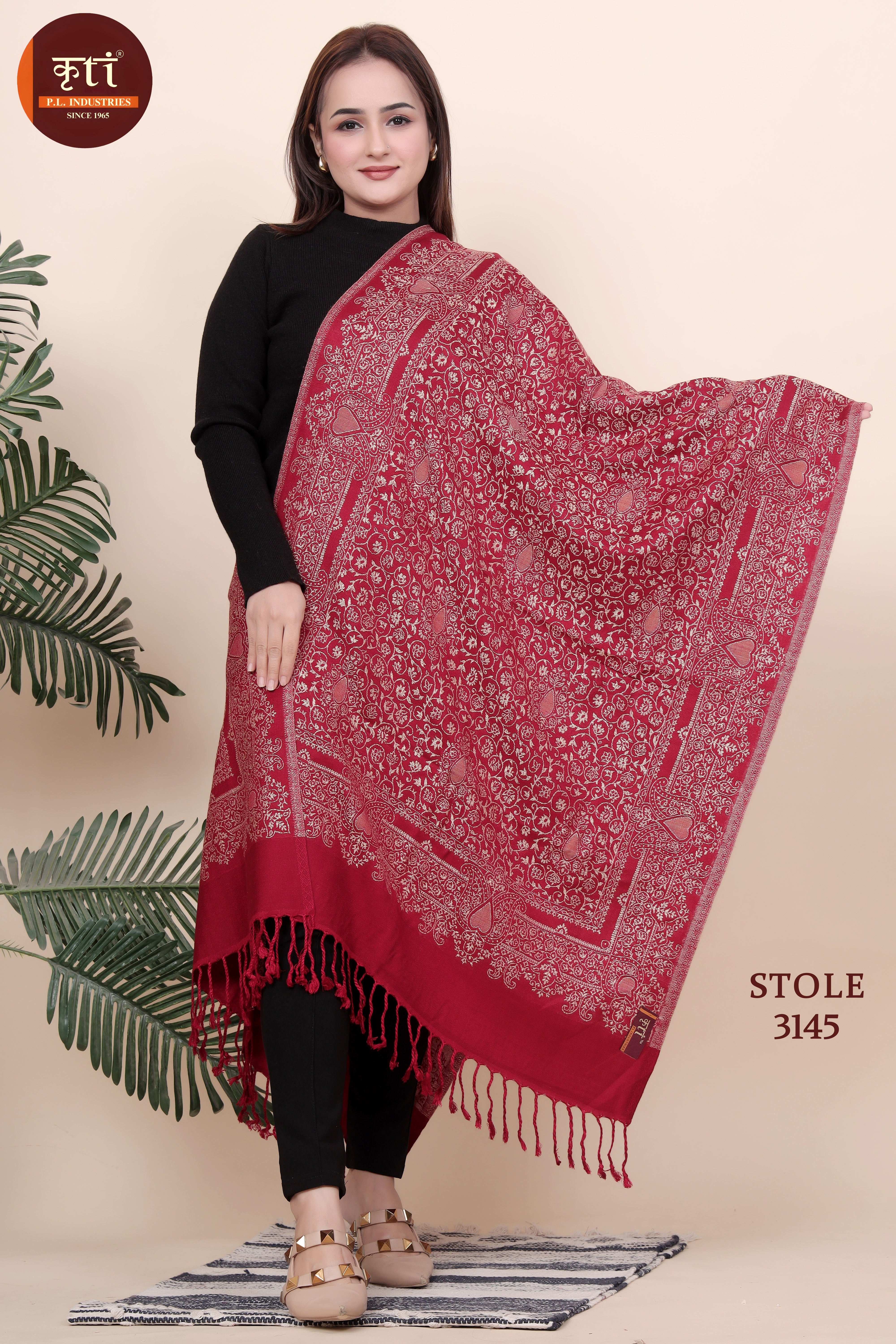 KRITI Traditional Floral Design Woollen Maroon Color Stole For Girl