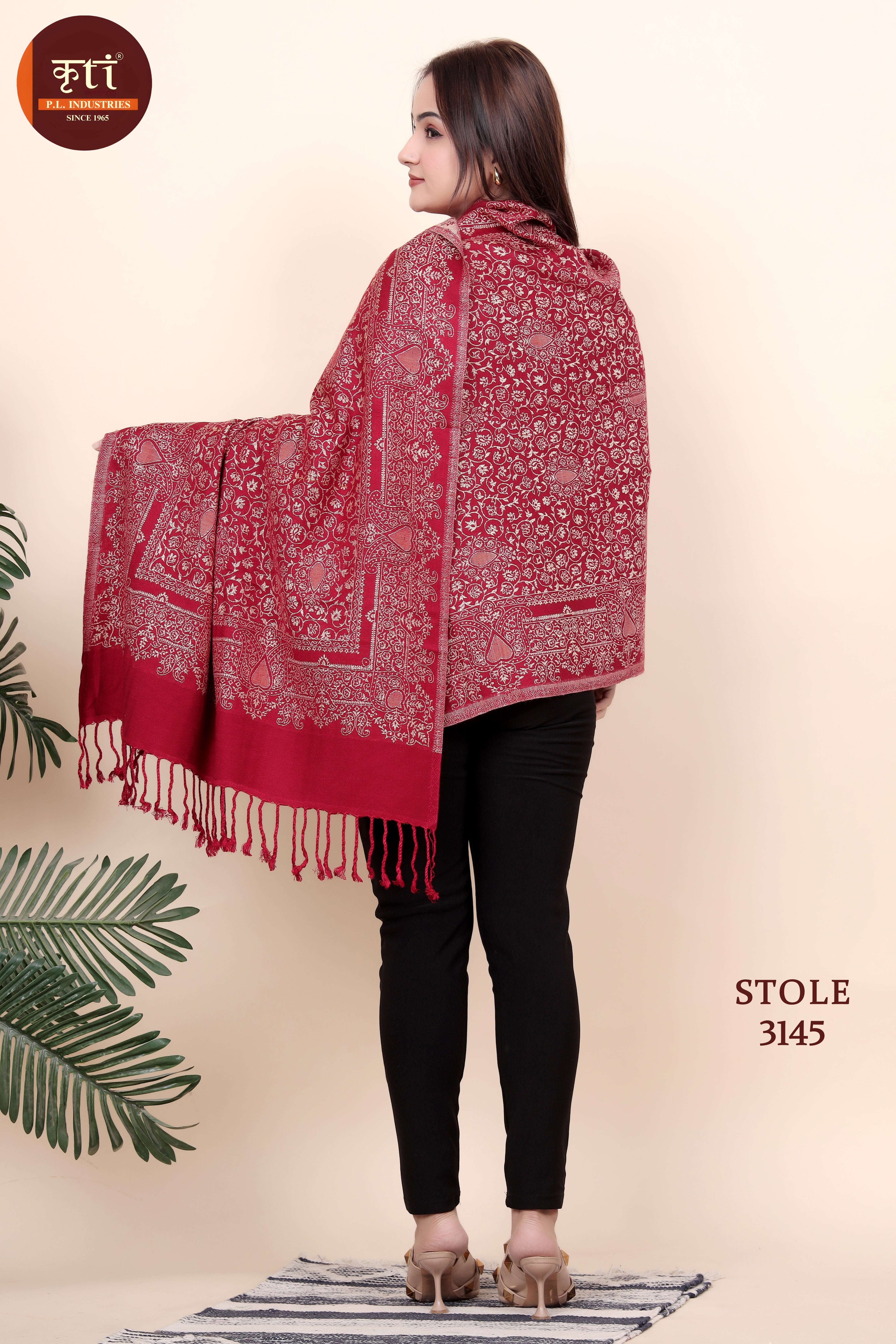 KRITI Traditional Floral Design Woollen Maroon Color Stole For Girl