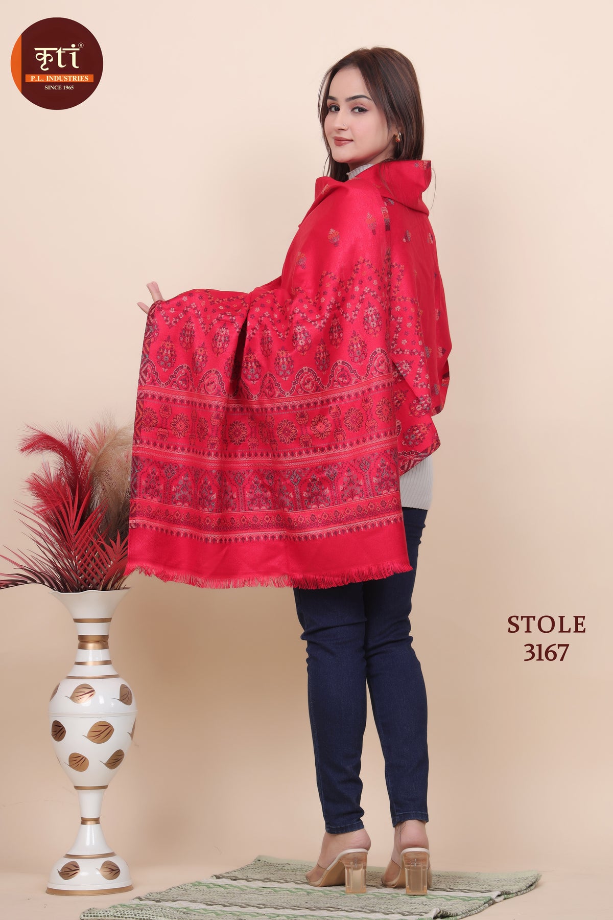 Floral Pattern Woollen Stole- Red