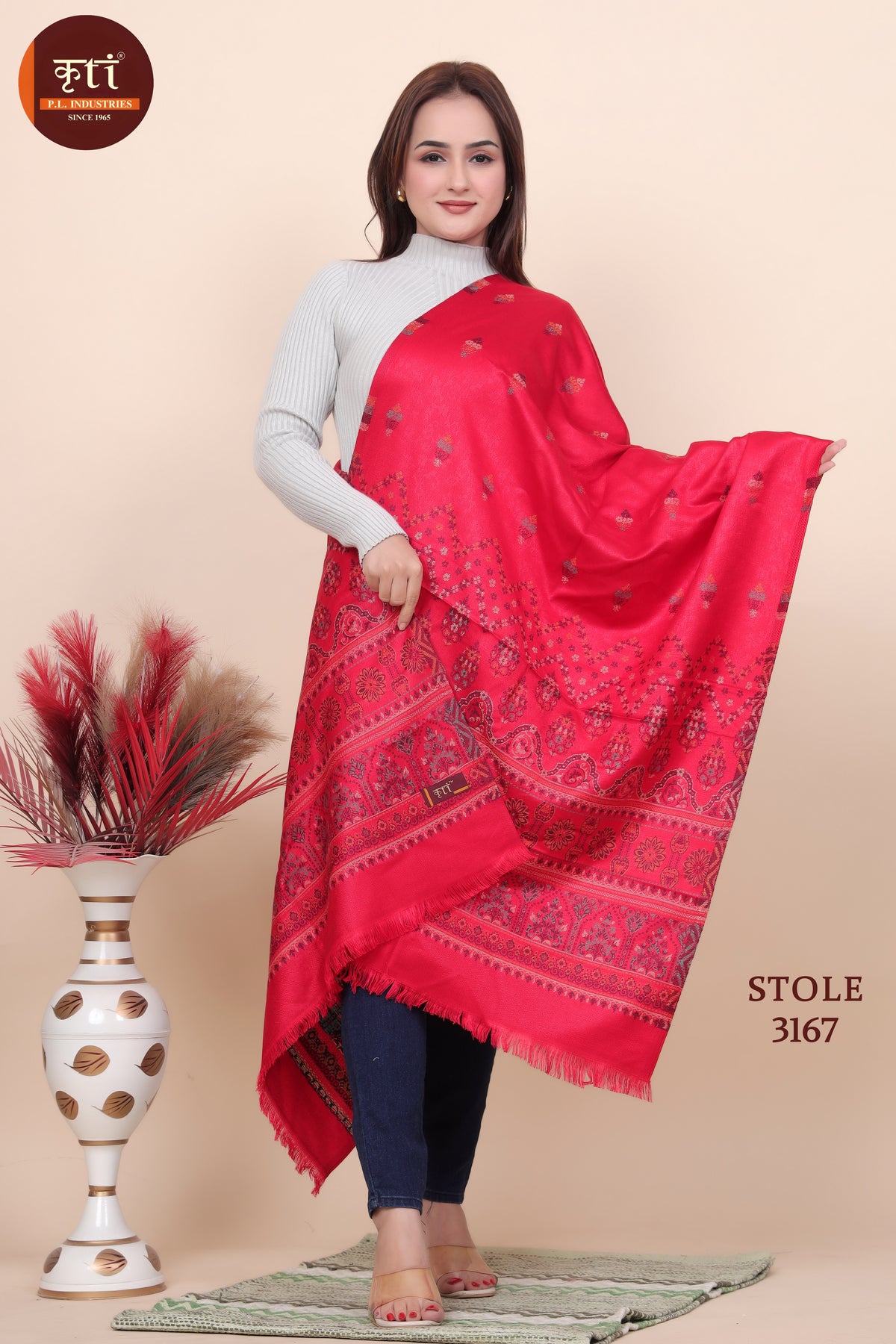 Floral Pattern Woollen Stole- Red