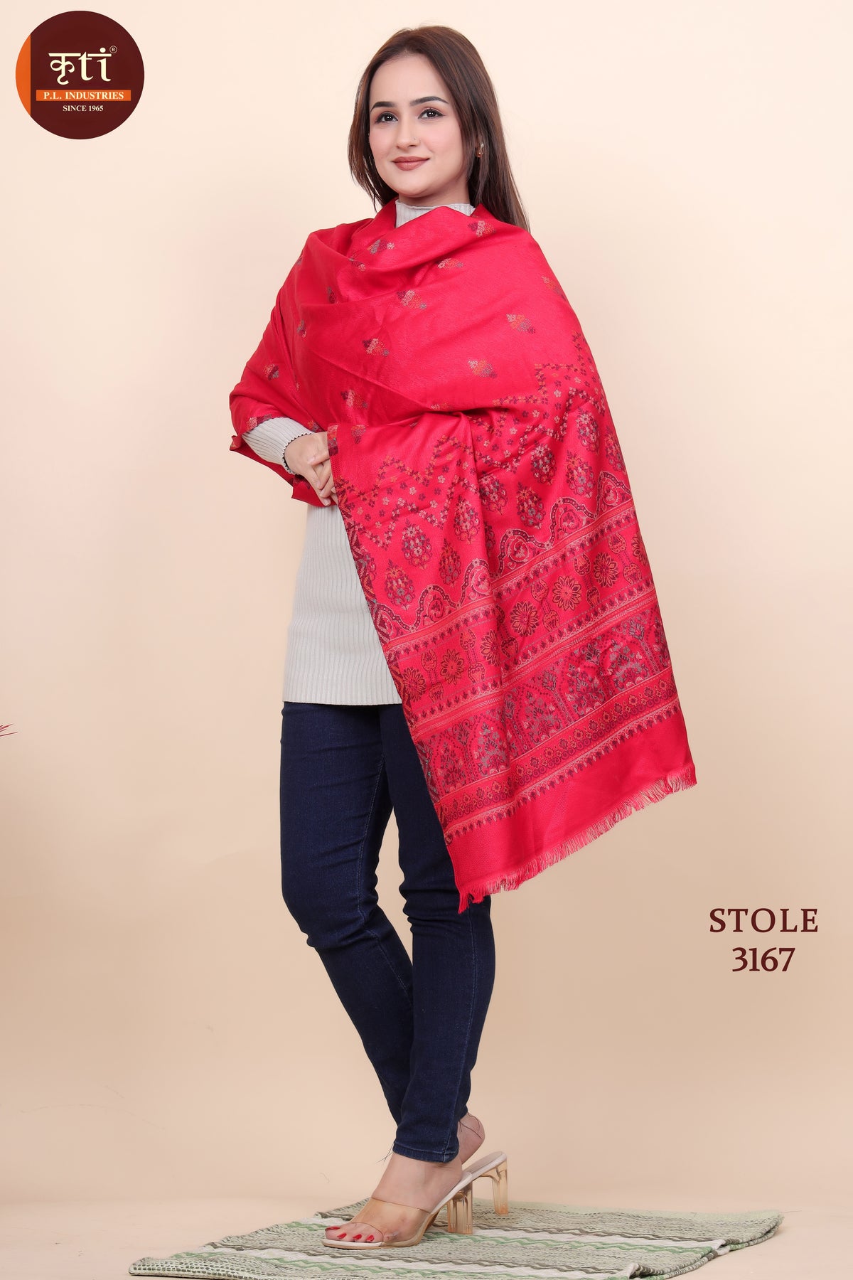 Floral Pattern Woollen Stole- Red