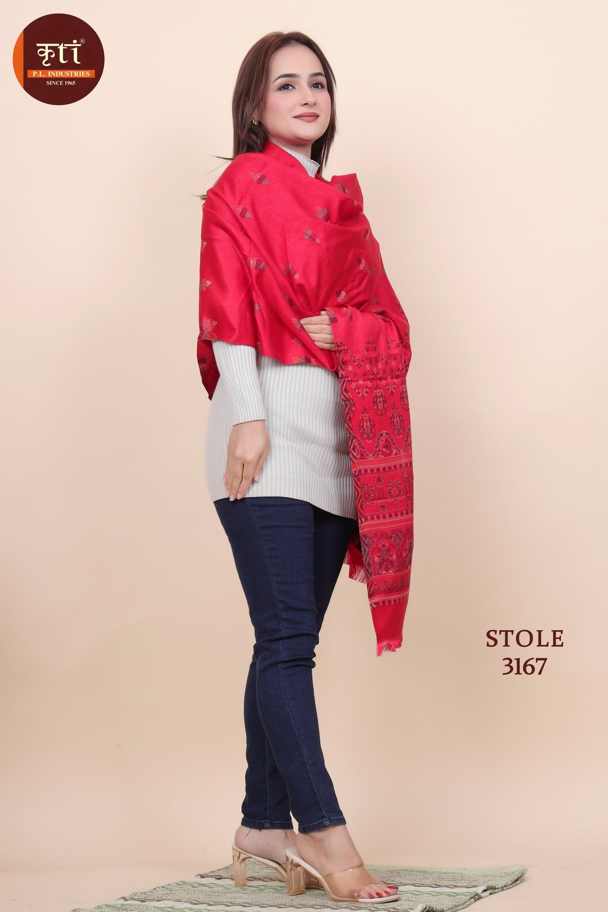 Floral Pattern Woollen Stole- Red