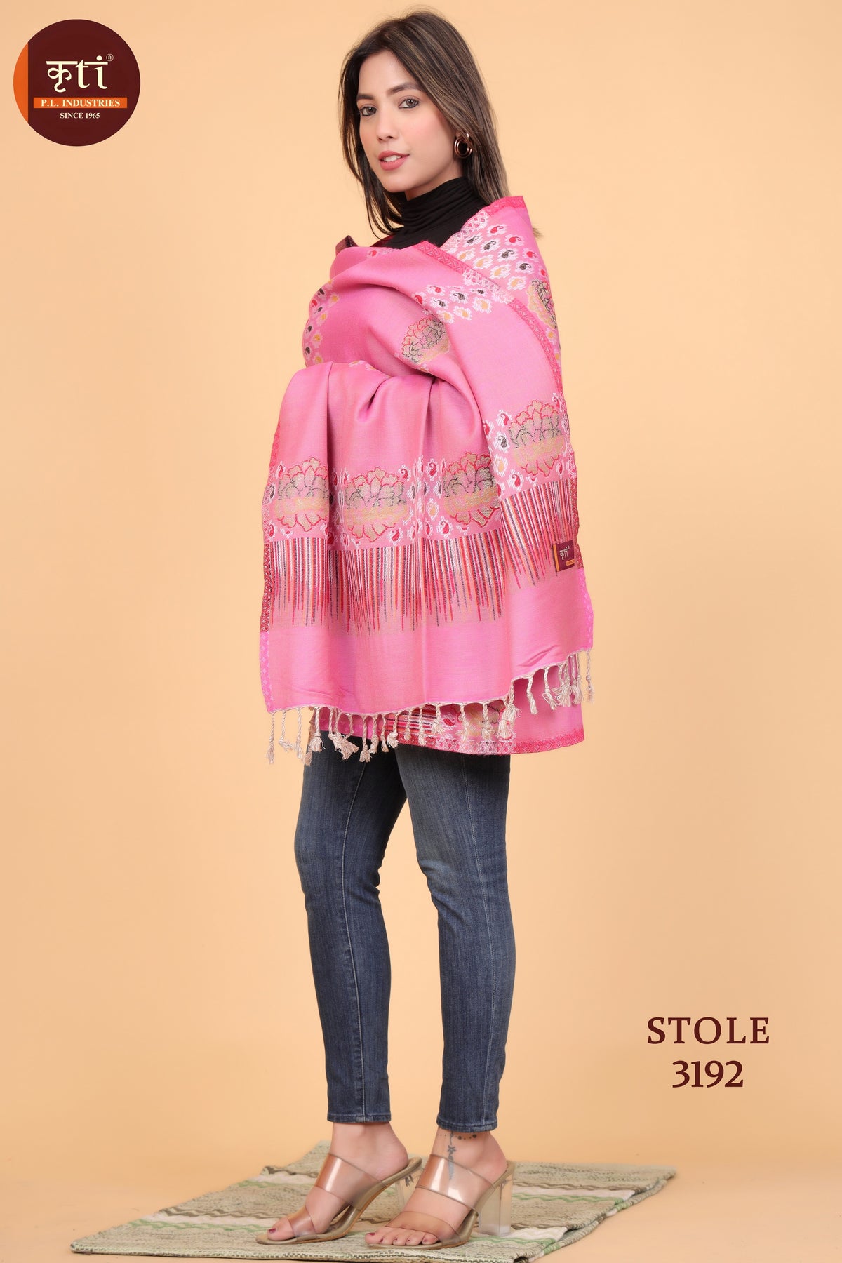 KRITI Floral Design Woollen Pink Stole For Girl