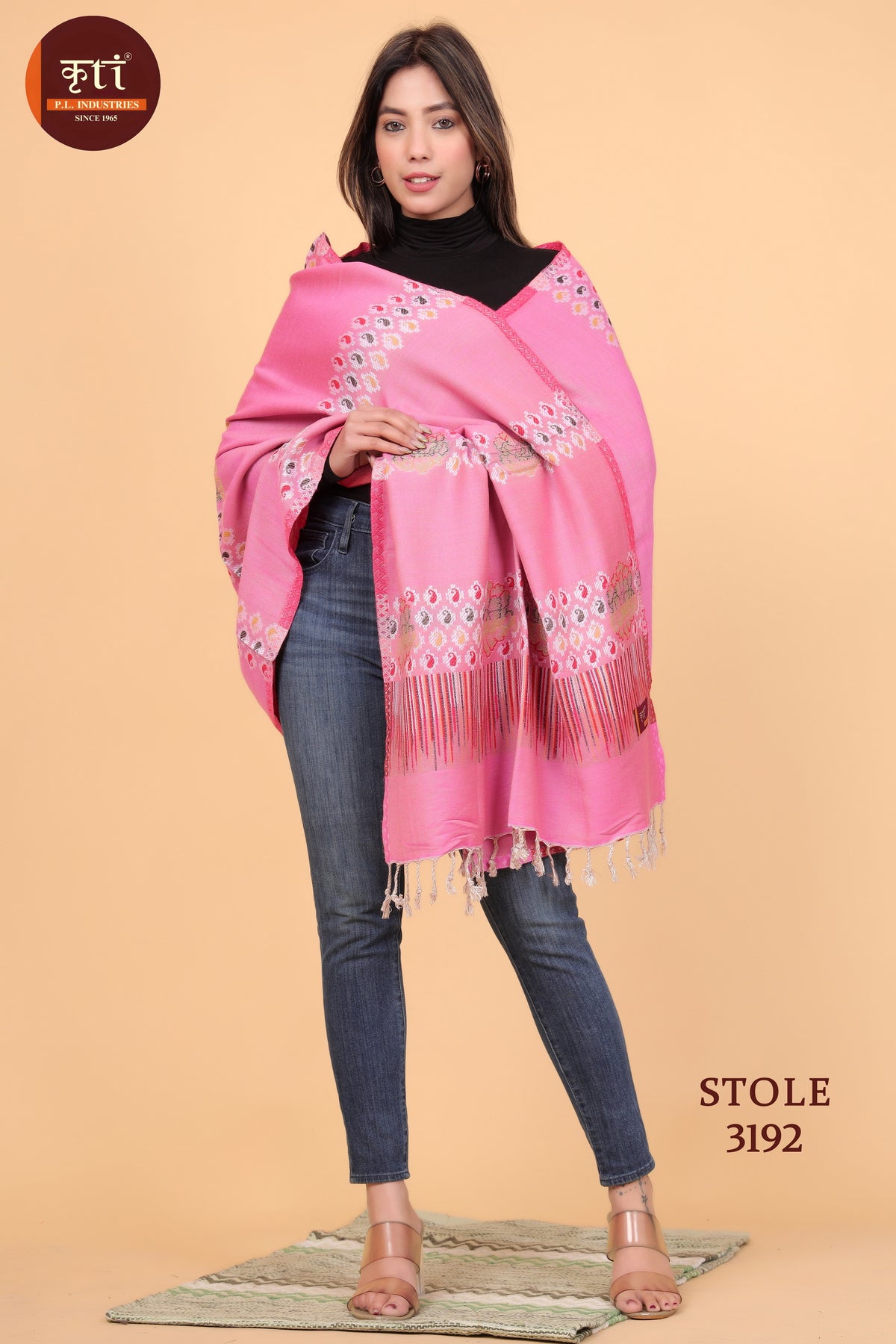 KRITI Floral Design Woollen Pink Stole For Girl