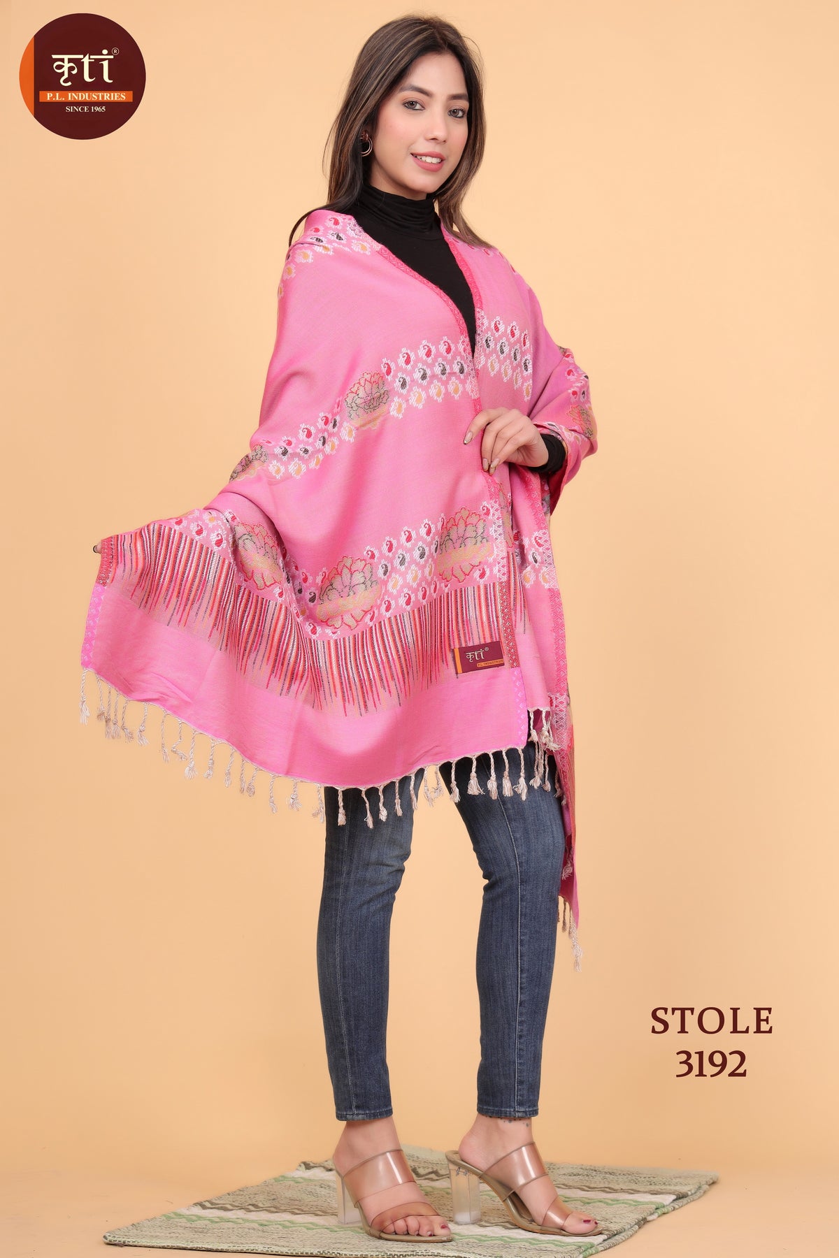 KRITI Floral Design Woollen Pink Stole For Girl