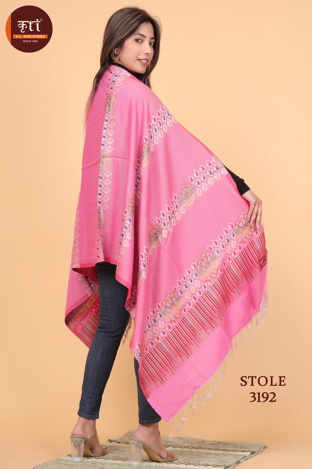 KRITI Floral Design Woollen Pink Stole For Girl