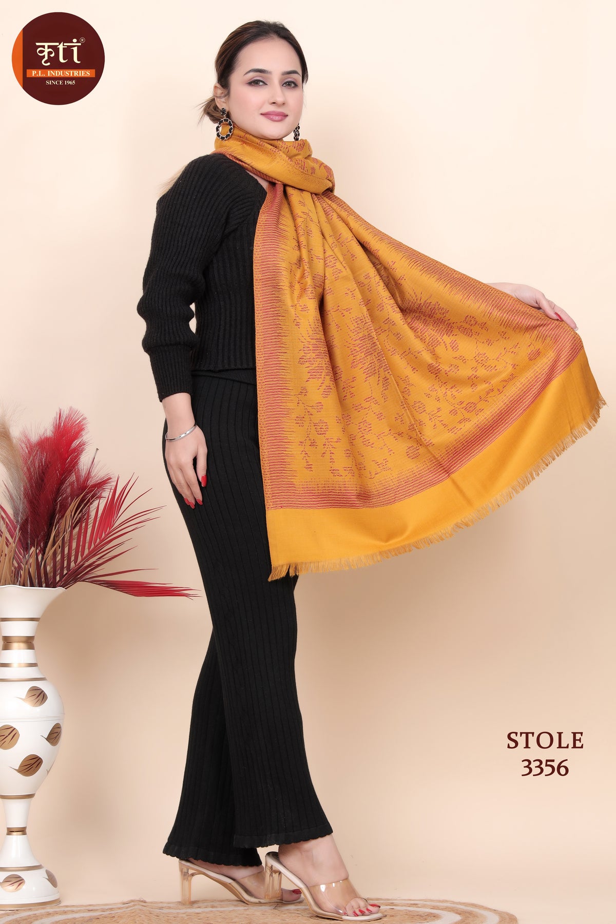 Designer Motif Woollen Stole - Mustard